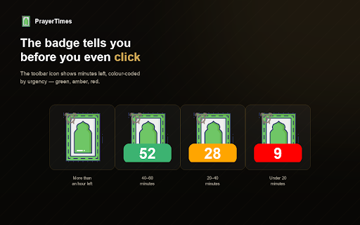 PrayerTimes :: Shows a countdown to your next prayer on the toolbar badge, with daily times for the city you choose.