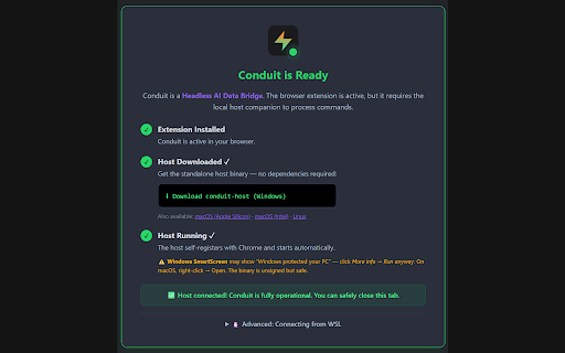 Conduit — The AI Data Bridge :: Structured browser data for AI agents. All data stays local on your machine with zero cloud dependencies.