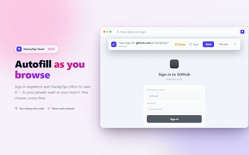 StackyOps Vault :: Fill logins from your StackyOps organization vault on matching sites — securely, over your org's own audit trail.