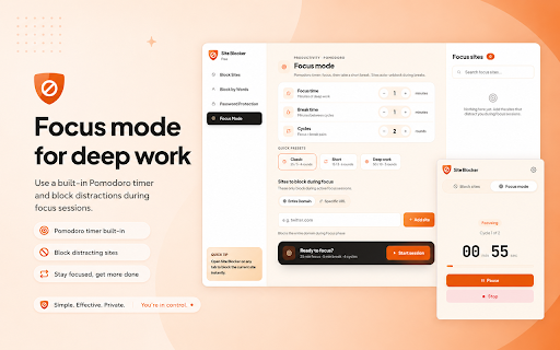 Site Blocker :: Use Site Blocker to block websites on chrome and stay focused with a pomodoro timer app and focus timer for productivity