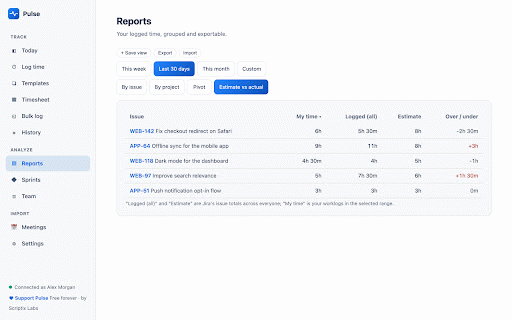 Pulse Companion — Log time to Jira :: Log time to Jira from any tab, with a popup and right-click menu. A companion to the free Pulse app for Jira.