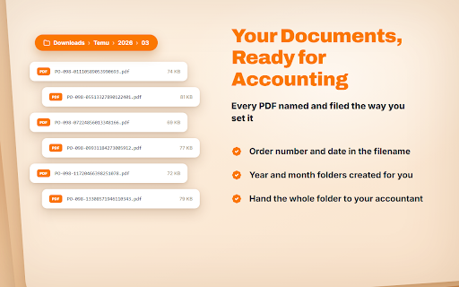 Temu Invoice Generator :: Turn Temu orders into PDFs: purchase receipts and numbered accounting documents with items, sellers and VAT. 11 languages.