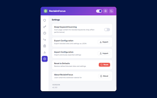 ReclaimFocus :: Block distracting sites, cap browsing time, filter keywords, schedule reminders, and reach focus. 100% local, no tracking.