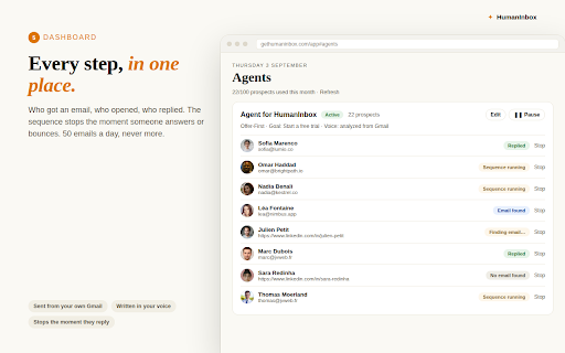 HumanInbox - Email Finder & AI Outreach Agent :: Email finder + AI agent: finds the email of any professional profile, writes the cold email, sends from your Gmail, follows up.