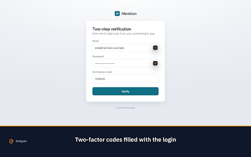 Soligate :: Zero-knowledge password manager: autofill logins, generate strong passwords. Vault encrypted on your device.
