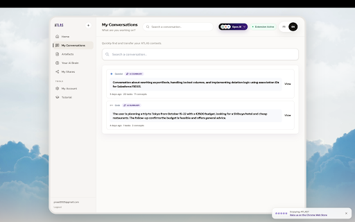 ATLAS - AI Memory Layer :: Capture AI chats in one click. Search decisions and tasks later. Build portable Artefacts via MCP. No full transcript stored.