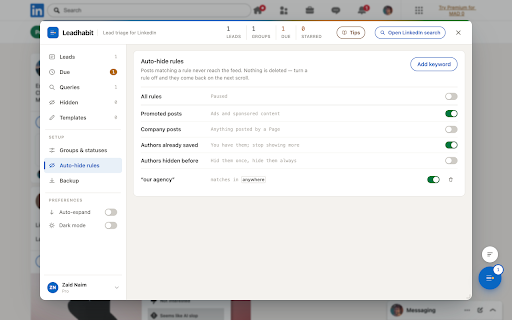 Leadhabit — LinkedIn Lead Tracker & Follow-Ups :: Save leads from your LinkedIn feed and searches, then track statuses, notes and follow-ups so no warm lead goes cold.