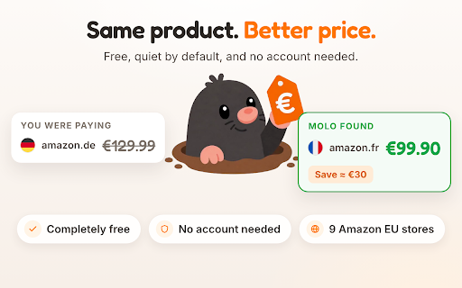 Molo — Amazon EU Price Compare :: Molo compares Amazon prices across Europe and shows when a better deal is waiting in another EU store.