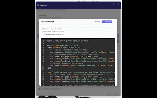 FlowScribe - Playwright & Selenium Recorder :: Record browser clicks and generate Playwright, Selenium, Cypress & Puppeteer end-to-end test scripts. No code required.