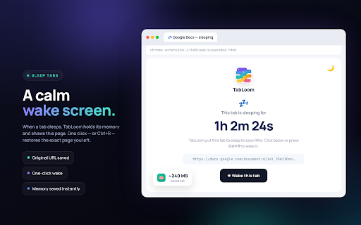Tabloom: Tab & Session Manager :: Save & restore tab sessions, auto-suspend idle tabs to free RAM, copy or export open tabs, and sync sessions across devices.