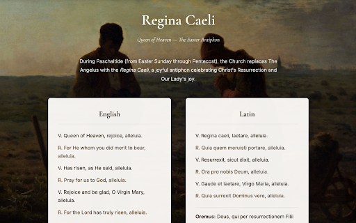 Angelus Bell :: A sacred interruption, three times a day. Authentic church bells and the Angelus prayer, switching to Regina Caeli at Easter.