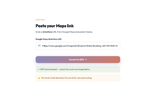 Maps to GPX Exporter - WindBlows :: One-click handoff to convert Google Maps directions into a GPX file.