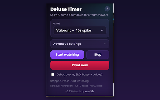 Defuse Timer :: Viewer-side spike/bomb countdown for Valorant & CS2 streams. Auto-detects the plant from the stream and runs a detonation timer.