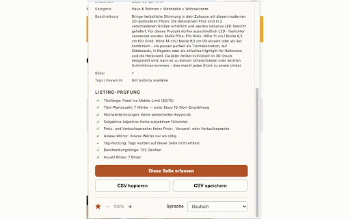 Etsy Competitor Researcher :: Extract public Etsy listing data locally and export it as CSV.