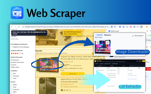 WebScraper Assistant - List Extractor & Image Downloader :: No-code web scraper and image downloader for lists, tables, product data, search results, and page images. Export CSV or JSON.