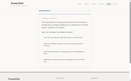 FrameDial :: Quick Read any article in 30 seconds. See your analytical blind spot. Reframe through 7 value-based frames.