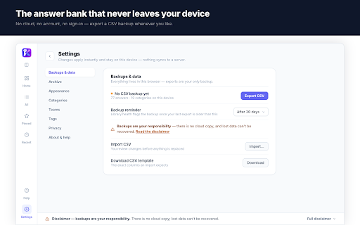 Knackle :: Your answers, one ⌘K away. A private, local answer bank — search, copy and paste your standard replies anywhere.