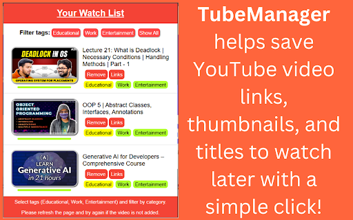 TubeManager - Save, Tag & Timestamp YouTube Videos :: Organize and save YouTube videos with custom tags, colored timestamps, notes, and links for a personalized experience.