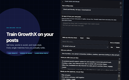 GrowthX Pro :: Reply on X without leaving the thread. Highlight text or open a reply box, pick a tone, fill your draft. You always send.