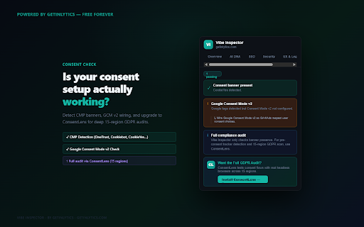 Vibe Inspector by GetInlytics :: Pre-launch audit for vibe-coded sites. Detects AI builder, checks SEO, UX, security & consent banner. Free by GetInlytics.
