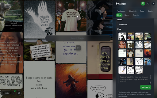 Inspire - A Better New Tab :: A better new tab: life clock, daily todos, quotes, sticky notes, and a Pinterest-style pins wall.