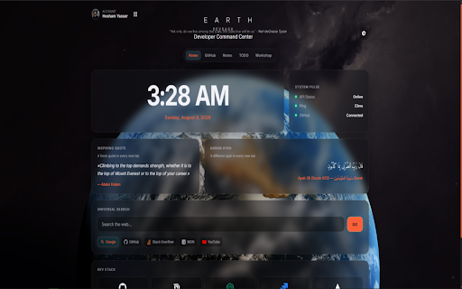 DevDash :: A polished new-tab dashboard for developers — clock, search, GitHub, notes, tasks, and focus tools.