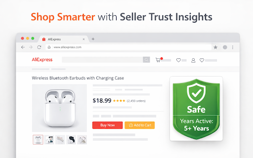 AliExpress Seller Trust Meter :: Check seller trust score instantly on AliExpress. Features a simple green/red indicator and Years Active display.