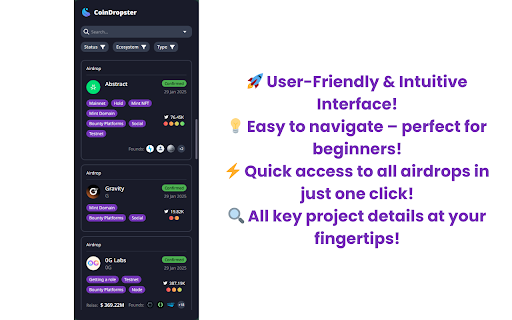CoinDropster - Crypto airdrop tracker :: Track crypto airdrops and your activity. CoinDropster — task tracker, analytics and step-by-step guides in one place.