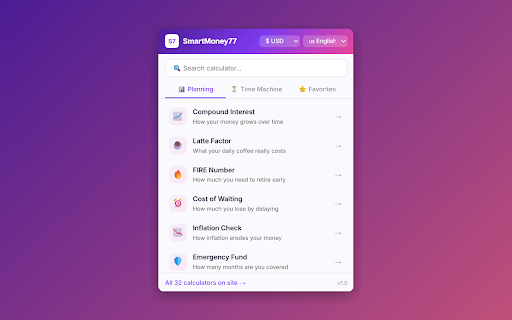 SmartMoney77 — Financial Calculators :: Free financial calculators at your fingertips. Compound interest, FIRE, latte factor, Bitcoin history & more in 6 languages.