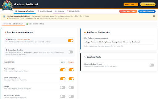 Vine Scout: Order Tracker & Review Manager for Amazon Vine™ :: Sync Amazon™ Vine™ data to your personal dashboard. Track orders, evaluate account status, track resales, and handle support.