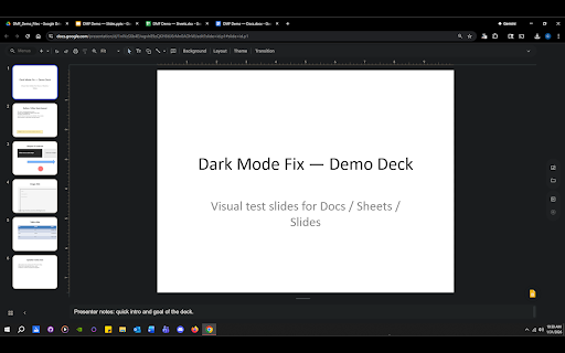 Dark Mode Fix for Google Docs, Sheets & Slides :: Fixes Dark Reader Dynamic in Google Docs/Sheets/Slides by excluding editor content. Optional in-page toggle.