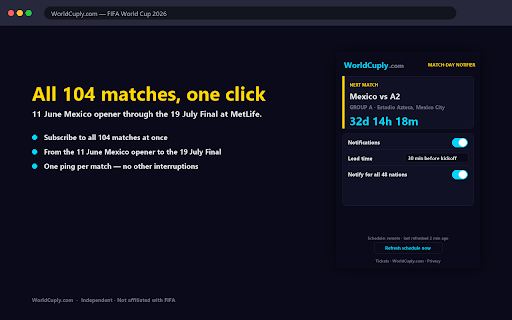 WorldCuply Match-Day Notifier :: Browser notifications 30 min before every FIFA World Cup 2026 match. Filter by team. Time-zone aware. By WorldCuply.com.