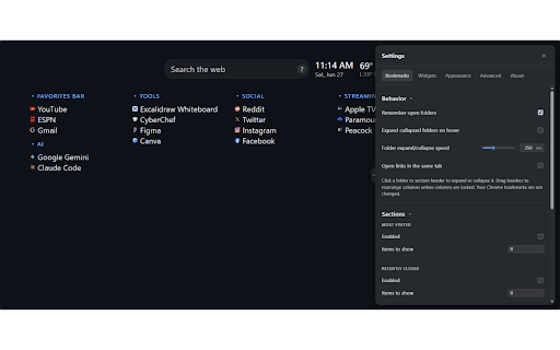 New Tab Plus :: A bookmarks-driven, widget-extensible new tab page.