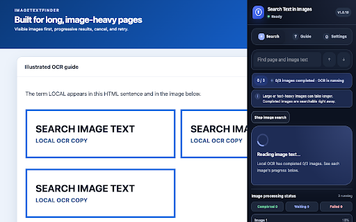 Search Text in Images – OCR Find & Copy | ImageTextFinder :: Search, select, and copy text in webpage images with Ctrl+F. Find page text and multilingual OCR results together, locally.