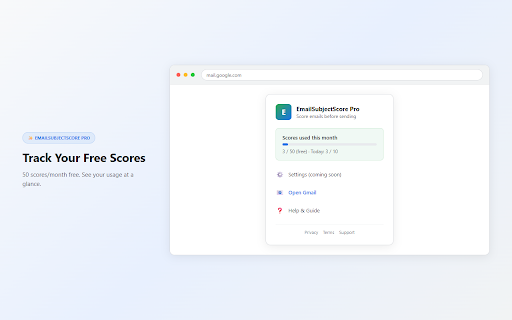 EmailSubjectScore Pro — Email Spam Risk & Subject Line Scorer for Gmail :: Score spam risk, clarity & open rate for every email subject line in Gmail. AI rewrite suggestions in one click. No data sent.
