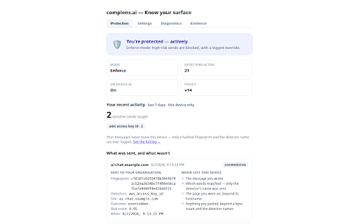 complens.ai — Know your surface :: Know your surface. Sensitive data is caught on-device before it leaves the browser — prompts, pastes, uploads, prints.