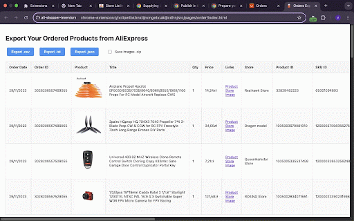 Aliexpress Shopper Inventory :: Easily collect and export your AliExpress orders to local .csv, .json, or .html files, or to Google Sheets via the clipboard.