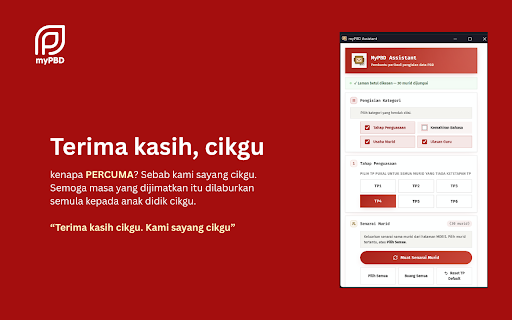 myPBD Assistant :: Cikgu, biar kami bantu pengisian PBD MOEIS SPPB untuk semua murid — mod semasa atau muat naik CSV. PERCUMA sepenuhnya.