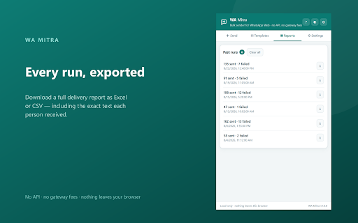WA Mitra – WhatsApp Bulk Message Sender :: Bulk message sender for WhatsApp Web — personalization, delays, batching, number filter and Excel reports.