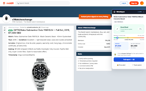WristSignal: Watch Price Checker for eBay, Chrono24 & Reddit :: Instant BUY / FAIR / WATCH / SKIP price signals on watch listings, plus reports that find cheaper listings for the same watch.
