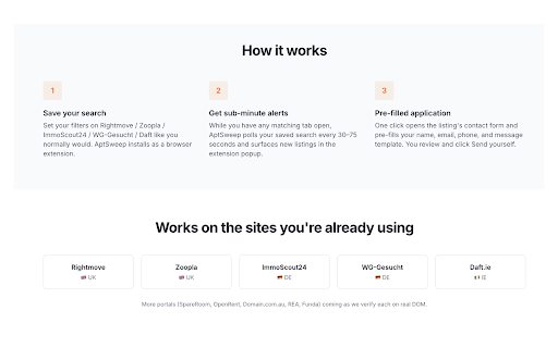 AptSweep :: New rental listings from top UK, German, Irish & US portals — surfaced in your popup within 60 seconds.