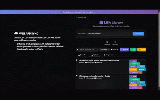 LISA - AI Chat Exporter for Claude, ChatGPT & More :: Semantic compression for AI conversations. Export from 12 AI platforms. Premium features : cloud sync and integrity verification.