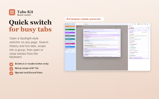 Tabs Kit :: Organize Chrome tab groups with local AI naming, fast ungrouping, history restore, search, and cleanup.
