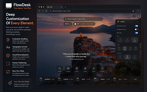 Minimal New Tab & Productivity Workspace | FlowDesk :: A beautiful new tab dashboard with clock, weather, crypto tracker, bookmarks, Pomodoro timer, and custom backgrounds.