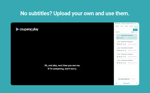 Play Plus - 쿠팡플레이 기능 확장 :: 이중 자막, 자막 업로드, 반복 재생 등 언어 학습을 위한 기능을 쿠팡플레이에서 사용할 수 있게 해줍니다.