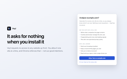 Veyl — Privacy Agent for the Web :: Veyl shows you what a website is actually doing with your data, in plain language, without ever sending your browsing anywhere.