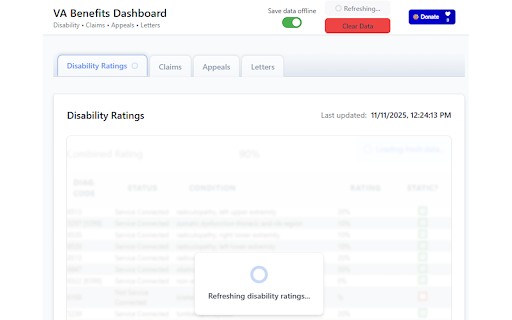VA Benefits Dashboard :: Enhanced dashboard with VA disability ratings, claims, appeals, and letters with automatic refresh and better data management.