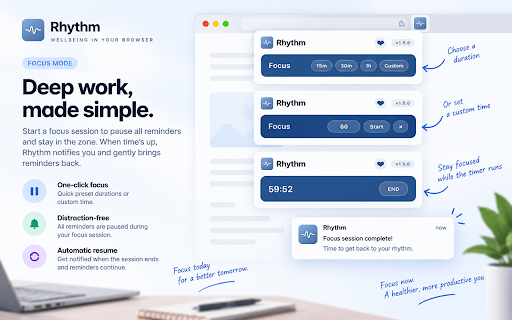Rhythm – Wellness Companion :: Water, posture, eye-rest and break reminders plus a Pomodoro focus timer. A lightweight, offline wellness companion.