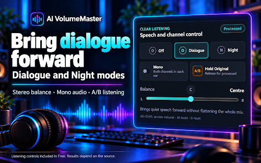 AI VolumeMaster — 800% Volume Booster & Bass :: Boost quiet tabs to 800%, add bass, tune a 10-band EQ, change voices and record. Runs locally. 7-day Pro trial, no card.