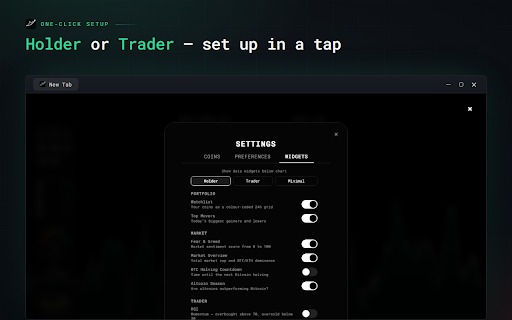 PriceTab - Crypto Charts on Every New Tab :: Every new tab opens a live crypto chart. Watch your coins, spot the top movers, and read 9 market signals. Free, no account.